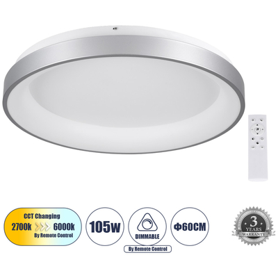 GloboStar® SALEM 61238 Πλαφονιέρα Οροφής Δαχτυλίδι-Κύκλος LED CCT 105W 12075lm 120° AC 220-240V - Εναλλαγή Φωτισμού μέσω Τηλεχειριστηρίου All In One Ψυχρό 6000k+Φυσικό 4500k+Θερμό 2700k Dimmable Φ60cm - Ασημί - 3 Years Warranty