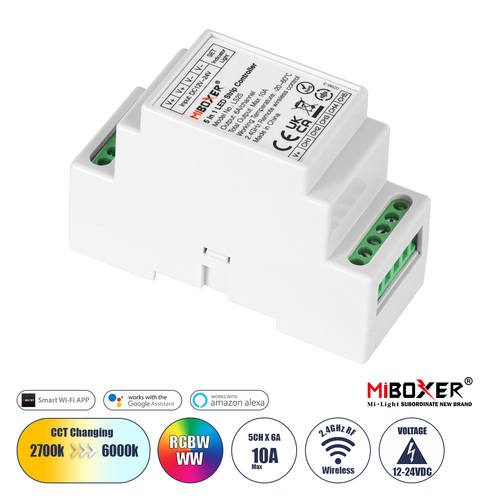 GloboStar® 71415 LS2S Mi-BOXER DC WiFi & RF 2.4Ghz Dimmer High Speed Controller 5 Καναλιών DC 12-24V 5 x 6A 144W - Max 10A 240W - IP20 RGBW+WW - Din Rail Ράγας - Μ9 x Π3.4 x Υ6cm - 5 Years Warranty