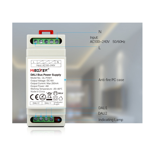 GloboStar® 71420 DL-POW1 Mi-BOXER DC DALI BUS Power Supply Τροφοδοτικό SELV AC 100-240V σε DC 16V 2 Καναλιών DC 16V 2 x 125mA 2W - Max 250mA 4W - IP20 - Din Rail Ράγας - Μ9 x Π3.4 x Υ6cm - 5 Years Warranty