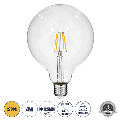 GloboStar® 99012 Λάμπα LED Long Filament E27 G125 Γλόμπος 4W 400lm 360° AC 220-240V IP20 Φ12.5 x Υ18cm Θερμό Λευκό 2700K με Διάφανο Γυαλί - Dimmable - 3 Years Warranty