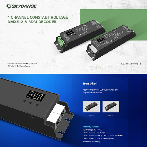 GloboStar® 70669 D4-P SKYDANCE DC DMX & RDM Dimmer High Speed Controller / Decoder 4 Καναλιών DC 12-48V 4 x 8A 384W - Max 32.5A 1152W - IP20 Μ17.5 x Π4.5 x Υ2.8cm - 5 Years Warranty