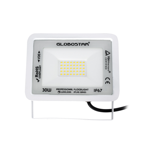 GloboStar® ATLAS 61414 Επαγγελματικός Προβολέας LED 30W 3600lm 120° AC 220-240V - Αδιάβροχος IP67 - Μ16 x Π2.5 x Υ12.5cm - Λευκό - Φυσικό Λευκό 4500K - LUMILEDS Chips - TÜV Rheinland Certified - 5 Years Warranty