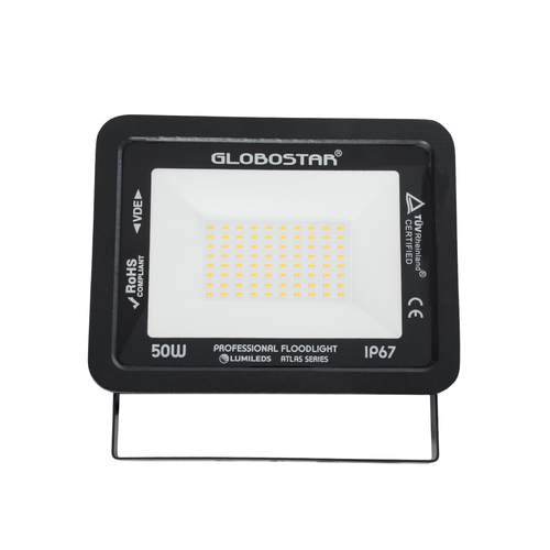 GloboStar® ATLAS 61424 Επαγγελματικός Προβολέας LED 50W 5750lm 120° AC 220-240V - Αδιάβροχος IP67 - Μ21 x Π3.5 x Υ16cm - Μαύρο - Θερμό Λευκό 2700K - LUMILEDS Chips - TÜV Rheinland Certified - 5 Years Warranty