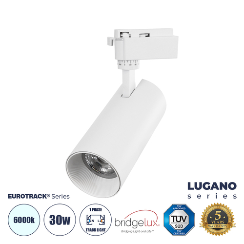 GloboStar® LUGANO 60812 Μονοφασικό Φωτιστικό Σποτ Ράγας LED 30W 3900lm 36° Acrylic HQ LENS AC 220-240V IP20 Φ7.5 x Υ22.7cm Ψυχρό Λευκό 6000K - EUROTRACK® System 1L+1N - Λευκό - Bridgelux Chip - TÜV Certified Driver - 5 Χρόνια Εγγύηση