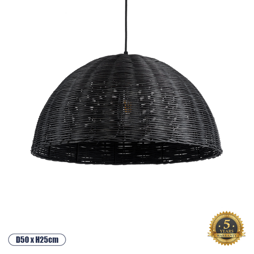 GloboStar® MONTANA 02383 Boho Κρεμαστό Φωτιστικό Οροφής Μονόφωτο 1 x E27 AC220-240V IP20 - Φ50 x Υ25cm - Μαύρο Μπαμπού Πλέγμα Καμπάνα - 5 Χρόνια Εγγύηση