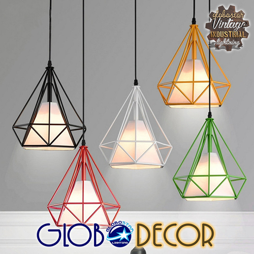 GloboStar® KAIRI 01622 Μοντέρνο Industrial Κρεμαστό Φωτιστικό Οροφής Μονόφωτο 1 x E27 Πράσινο με Άσπρο Ύφασμα Μεταλλικό Πλέγμα Φ38 x Υ39cm