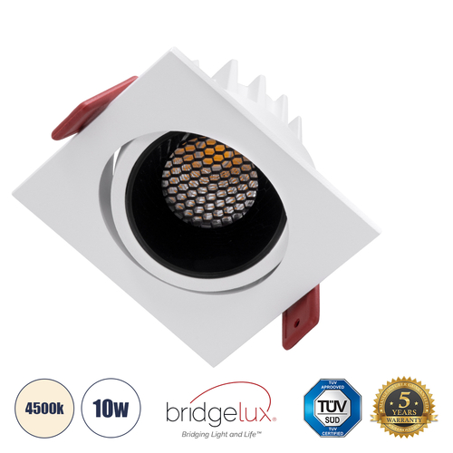 GloboStar® LEO-SQ 60288 Χωνευτό LED Spot Downlight TrimLess Μ8.5xΠ8.5cm 10W 1300lm 38° AC 220-240V IP20 Μ8.5 x Π8.5 x Υ6.6cm - Τετράγωνο - Κινούμενο - Λευκό με Μαύρο Κάτοπτρο & Anti-Glare HoneyComb - Φυσικό Λευκό 4500K - Bridgelux COB - 5 Years Warranty