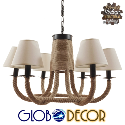 GloboStar® VERONE 10001020 Vintage Industrial Κρεμαστό Φωτιστικό Οροφής Πολύφωτο 6 x E14 Μαύρο Μεταλλικό Πολυέλαιος με Μπεζ Σχοινί Φ65 x Y45cm