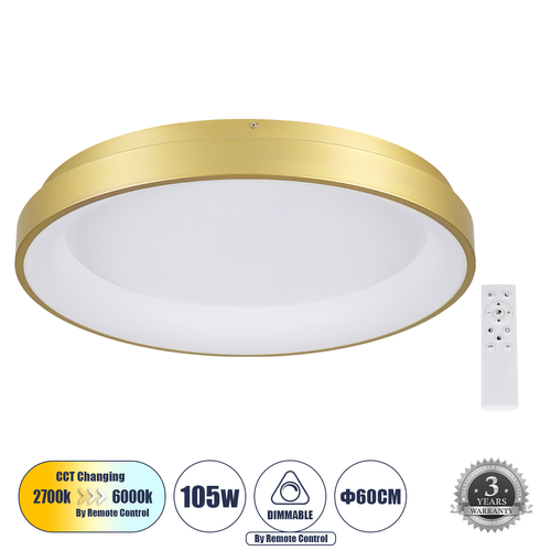 GloboStar® SALEM 61239 Πλαφονιέρα Οροφής Δαχτυλίδι-Κύκλος LED CCT 105W 12075lm 120° AC 220-240V - Εναλλαγή Φωτισμού μέσω Τηλεχειριστηρίου All In One Ψυχρό 6000k+Φυσικό 4500k+Θερμό 2700k Dimmable Φ60cm - Χρυσό Σαμπανιζέ - 3 Years Warranty