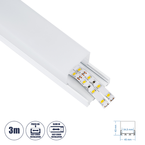 GloboStar® SURFACEPENDANT-PROFILE 70865-3M Προφίλ Αλουμινίου - Βάση & Ψύκτρα Ταινίας LED με Λευκό Γαλακτερό Κάλυμμα - Επιφανειακή & Κρεμαστή Χρήση - Πατητό Κάλυμμα - Λευκό - 3 Μέτρα - Μ300 x Π4.5 x Υ4.2cm