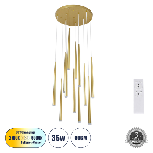 GloboStar® TEARS 61314 Κρεμαστό Φωτιστικό Οροφής Design LED CCT 36W 3960lm 180° AC 220-240V - Εναλλαγή Φωτισμού μέσω Τηλεχειριστηρίου All In One Ψυχρό 6000k+Φυσικό 4500k+Θερμό 2700k Dimmable Φ60 x Υ51.5cm - Χρυσό Βούρτσας - 3 Years Warranty