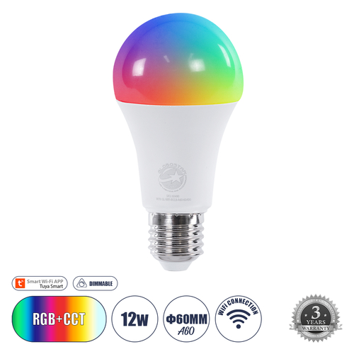 GloboStar® 60490 Έξυπνη Λάμπα LED E27 A60 Γλόμπος Smart Home Wifi 12W 1200lm 260° AC 220-240V IP20 Φ6 x Υ12cm RGB+CCT - Εναλλαγή Φωτισμού & Dimming μέσω Εφαρμογής Tuya - Bridgelux Chip - 3 Χρόνια Εγγύηση