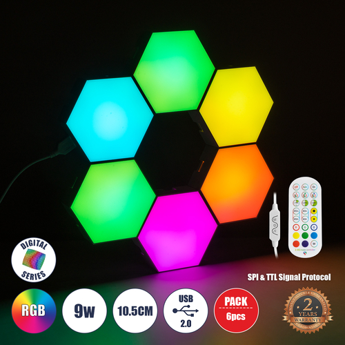 GloboStar® DIGIOCTA 90448 Σετ 6 Ψηφιακων LED RGB Φωτιστικών Κυψελών με Ψηφιακό Controller με WiFi Smart APP & Ασύρματο Χειριστήριο RF 2.4Ghz - LED SMD 5050 9W/Σετ 84PIXEL/Σετ 720lm/Σετ 120° DC 5V με USB 2.0 IP20 Πολύχρωμο RGB - Dimmable - Μ10.5 x Π10.5 x Υ3cm Ανά Κυψέλη - 2 Χρόνια Εγγύηση