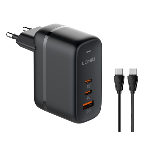 LDNIO φορτιστής τοίχου Q366 με καλώδιο, USB/2x USB-C, 65W, GaN, μαύρος