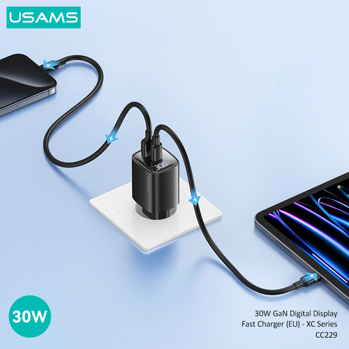 USAMS φορτιστής τοίχου US-CC229, USB & USB-C, 30W, GaN, μαύρος